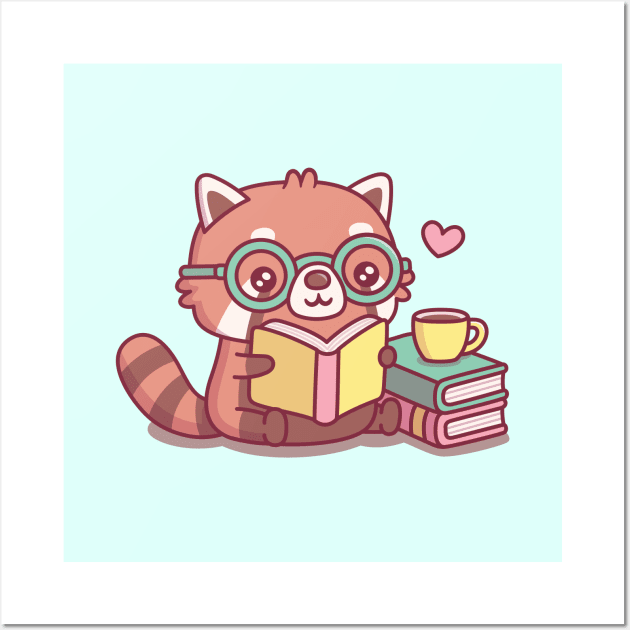 Cute Red Panda With Glasses Reading A Book Wall Art by rustydoodle